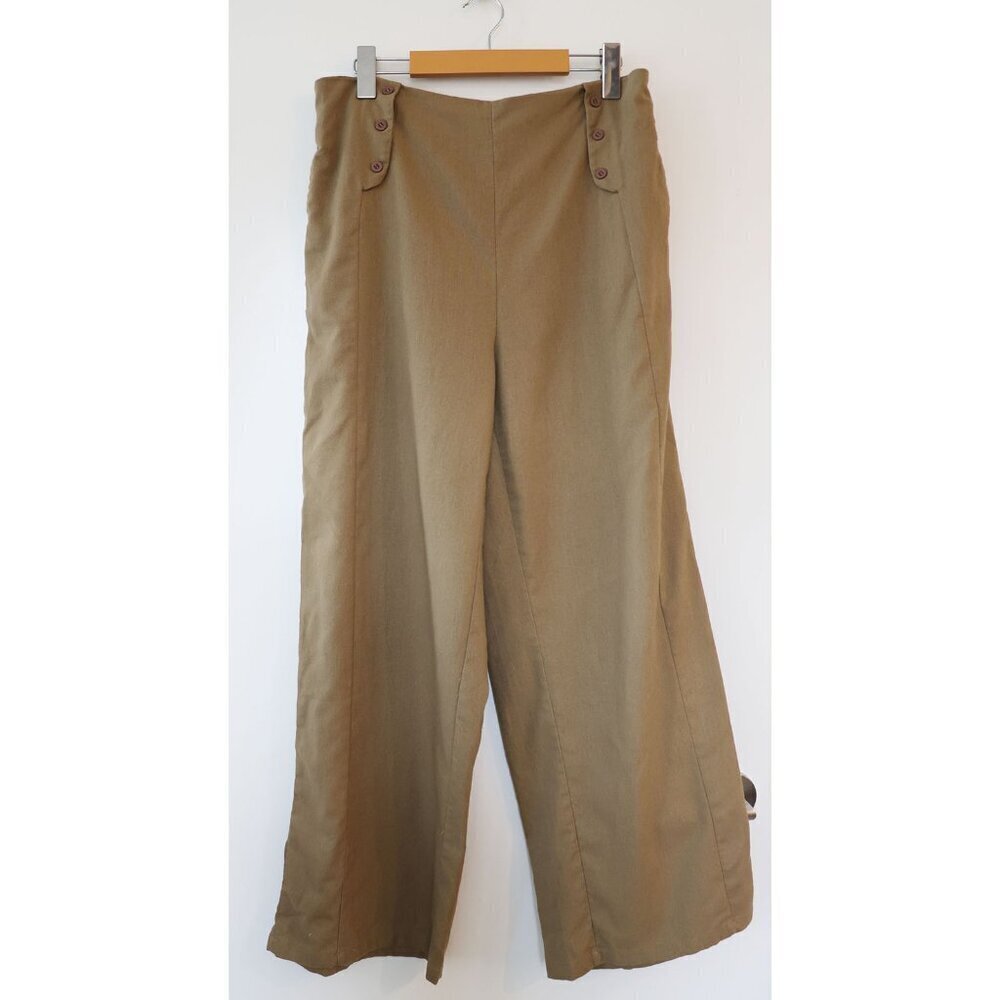 Wide Leg, Vintage Silhouette High Rise Button Front Lightweight Trousers Khaki L